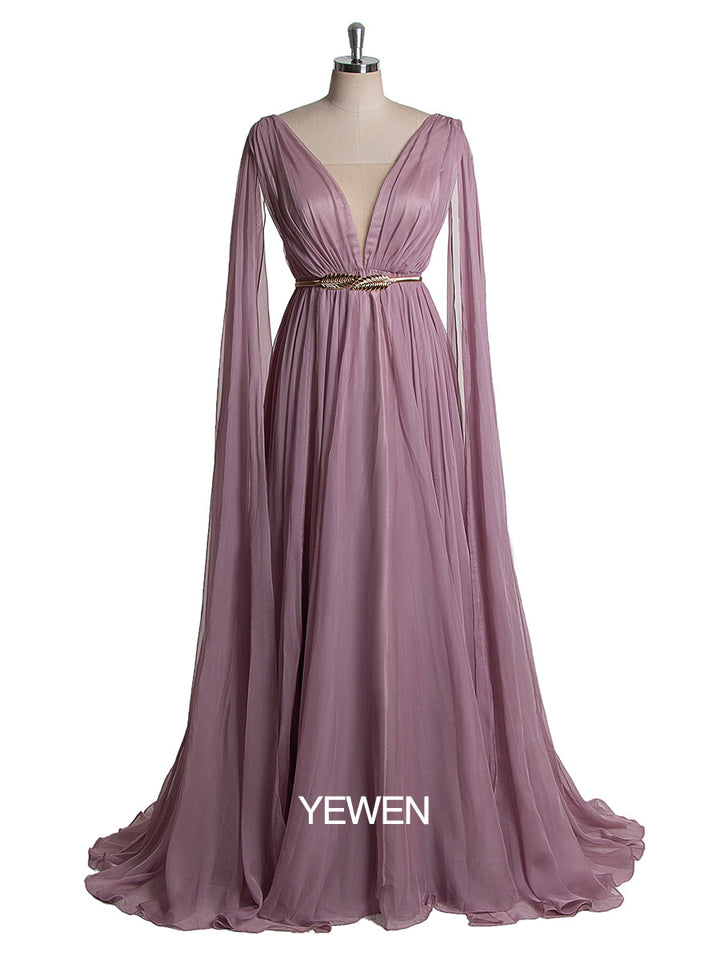 Elegantes Chiffon-Partykleid für Damen mit V-Ausschnitt und Cape-Ärmeln 
