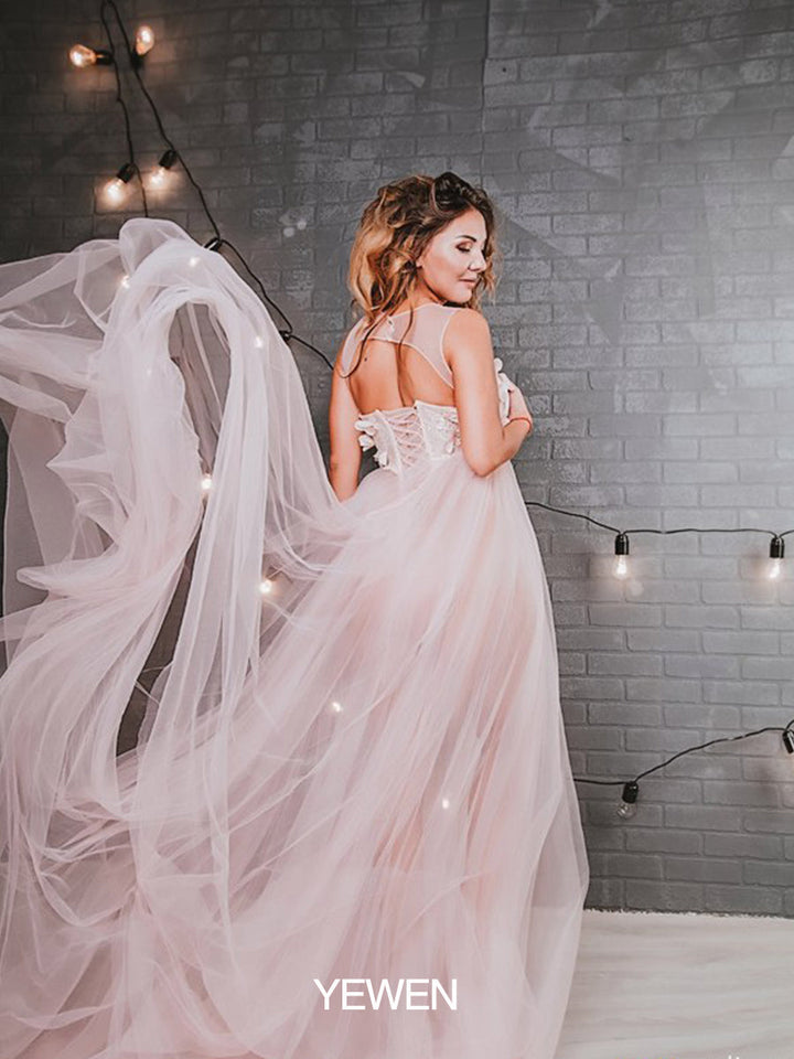 Rosa Blumenkleid aus weichem Tüll für Fotoshootings, Rundhalsausschnitt, rückenfreies Maxikleid aus Tüll, YW230330 