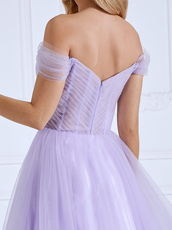 A-line, Off the Shoulder ,Tulle Prom Dresses, Ankle Length