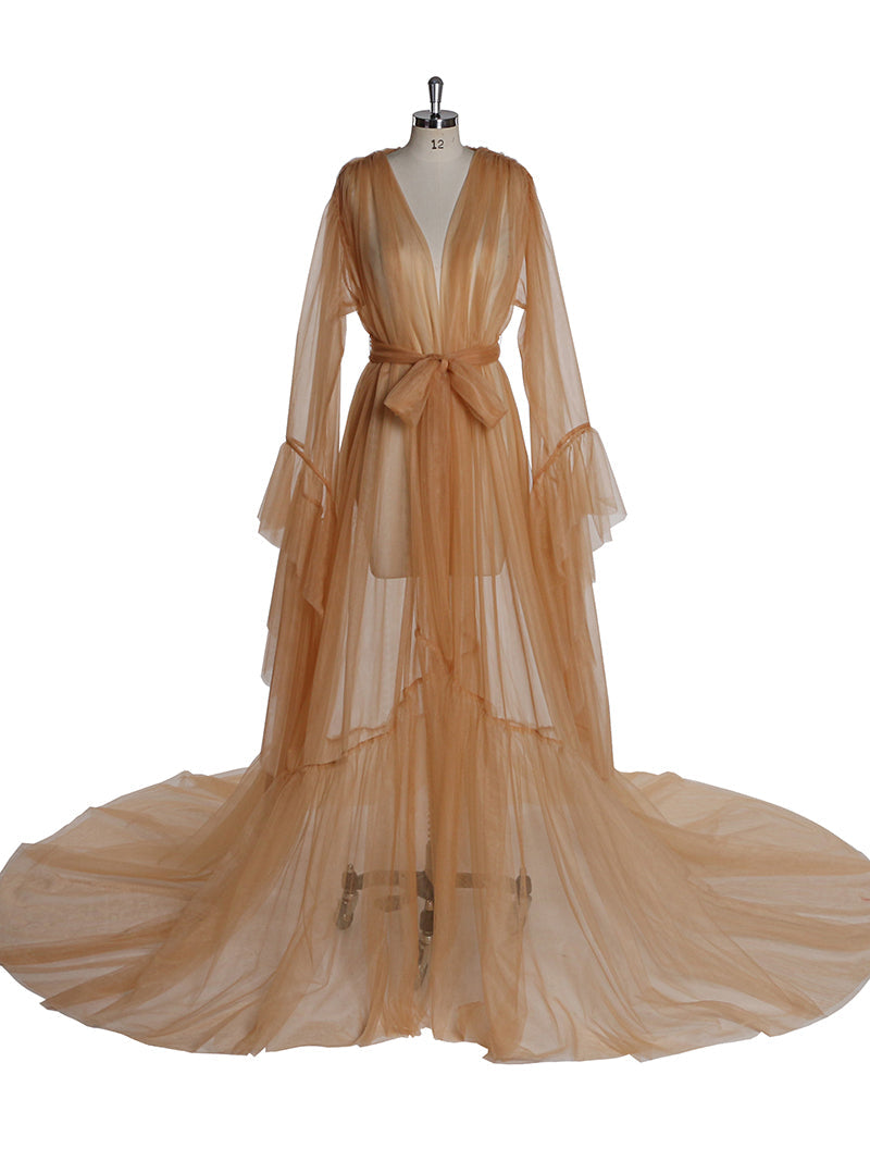 Elegantes V-Ausschnitt Umstands-Fotoshooting-Kleid Glockenärmel Sexy Maxikleid YW2055 