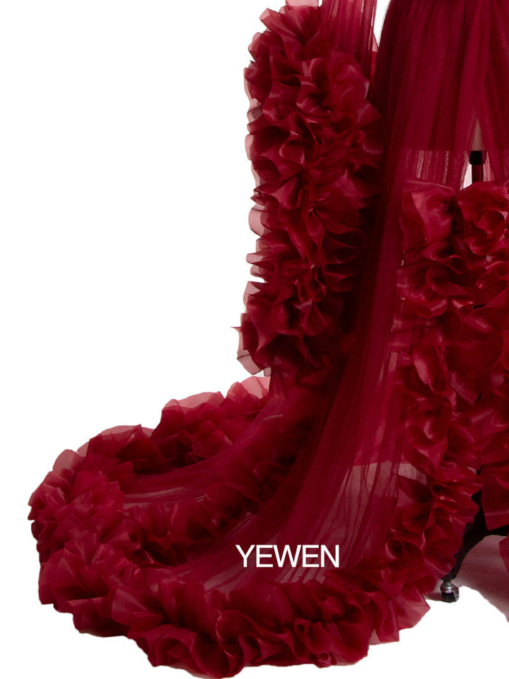 Sexy Abendkleid Langarm Damen V-Ausschnitt Rüschen Ballkleid