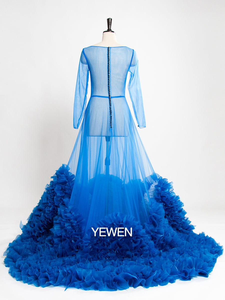 Blaues Langarm-Umstandskleid im Meerjungfrauen-Stil, Rundhalsausschnitt, durchsichtig, sexy Partykleid 