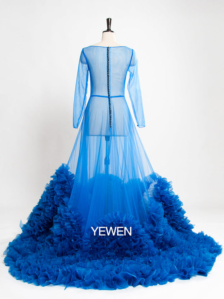 Blaues Langarm-Umstandskleid im Meerjungfrauen-Stil, Rundhalsausschnitt, durchsichtig, sexy Partykleid 