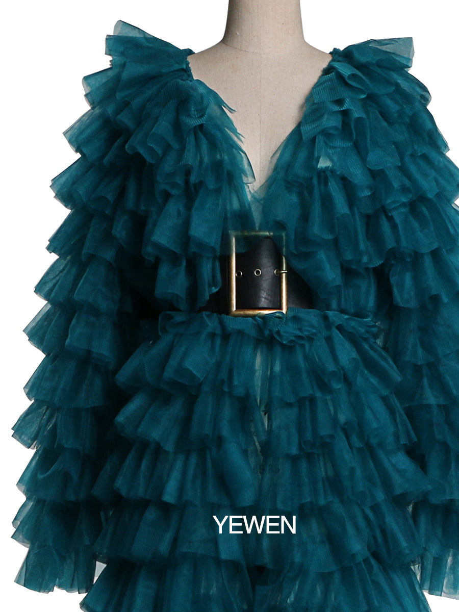 Grünes Abendkleid, Ballkleid, Tüll, gestuftes Langarm-Maxikleid für Damen