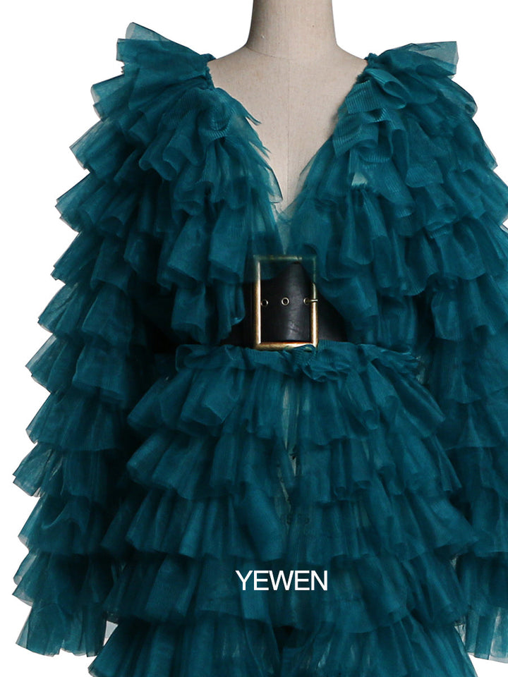 Grünes Abendkleid, Ballkleid, Tüll, gestuftes Langarm-Maxikleid für Damen