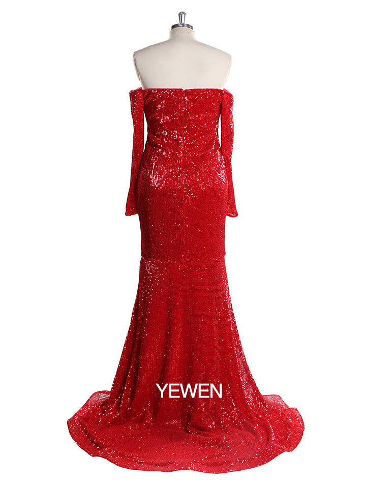 Langärmliges Pailletten-V-Ausschnitt-Abendkleid mit offener Vorderseite und Stretch-Bauch