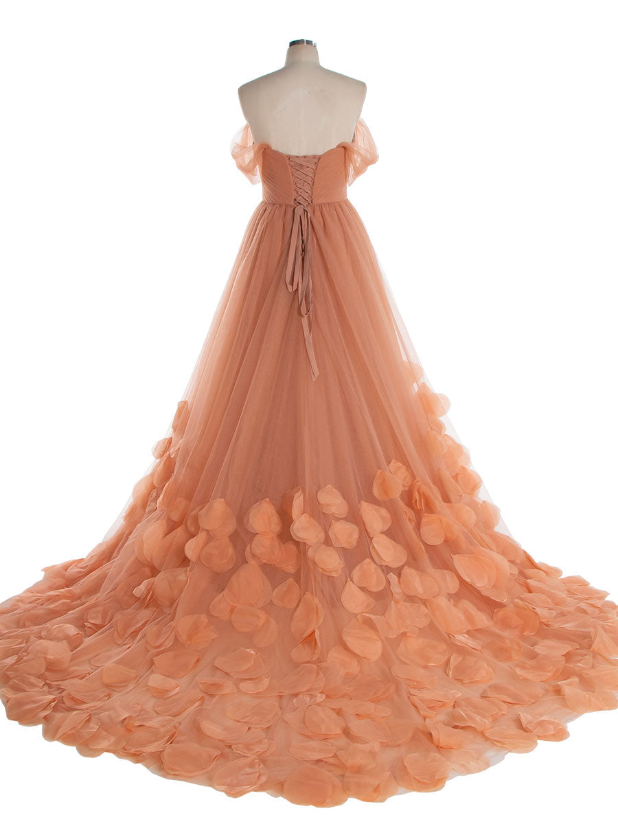 Garten Gebrannte Orange Blütenblätter Rüschen Tüll Brautkleider Flügelärmeln Feder A-Linie Lange Fotoshooting Kleider YW240118 