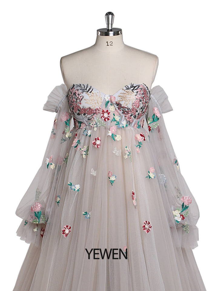 Umstandskleid mit Stickerei und Spitze für Fotoshootings, Schwangerschaft, farbiges Brautkleid YW220331 