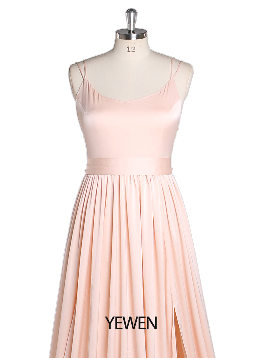 Leichtes Seidensatin-Abschlussballkleid mit dünnen Trägern, Bohemian-Hochzeitspartykleid mit Schlitz, Fotografie-Kleid, Maxi-Frauenkleid, YEWEN YD22408 