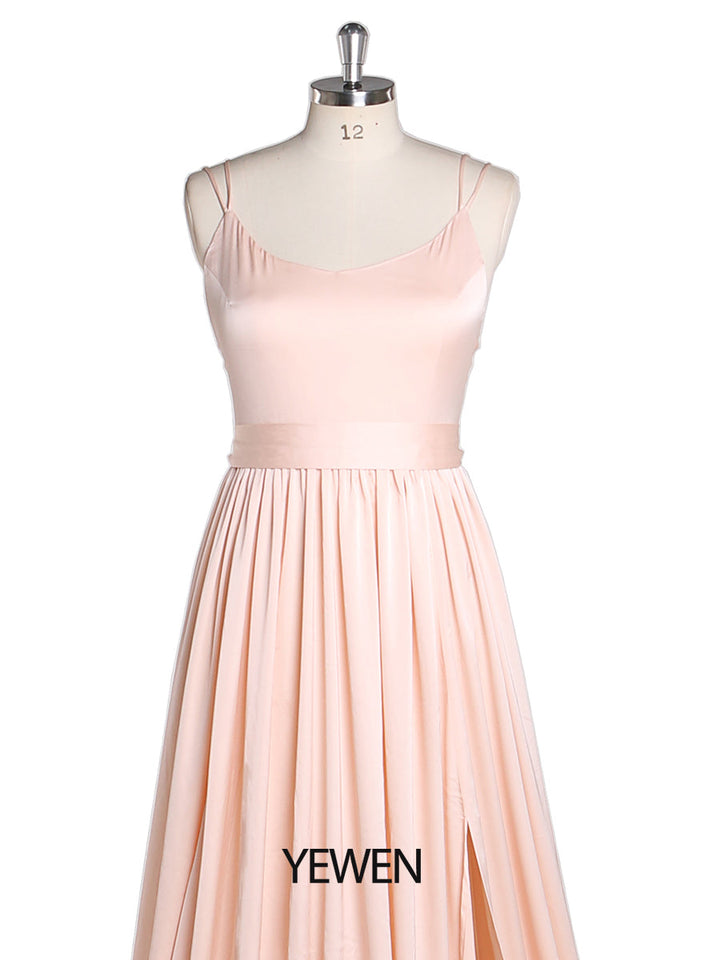 Leichtes Seidensatin-Abschlussballkleid mit dünnen Trägern, Bohemian-Hochzeitspartykleid mit Schlitz, Fotografie-Kleid, Maxi-Frauenkleid, YEWEN YD22408 