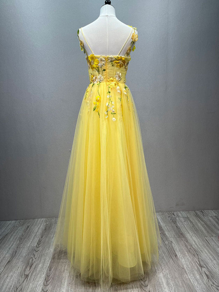 Gelbes Ballkleid mit floraler Spitzenapplikation für Feenmädchen, Partykleider YE3028 