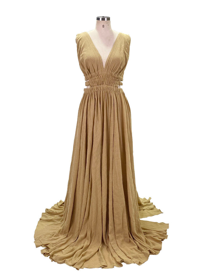 V-Ausschnitt Kleid mit elastischer Taille und Seitenschlitz für Fotoshootings, YW221118