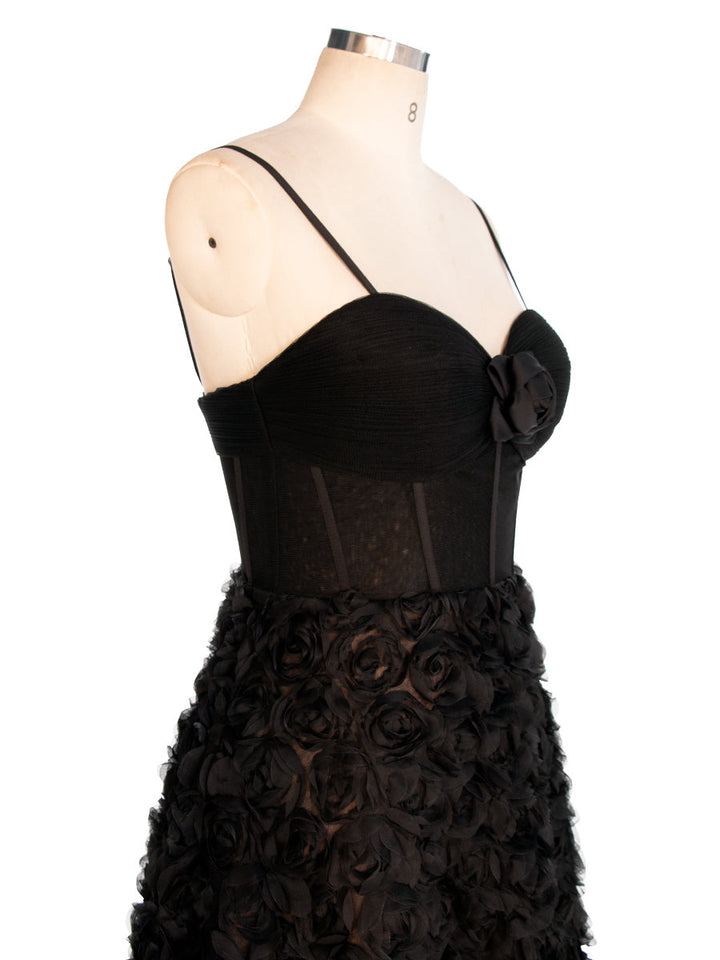 Schwarzes A-Linien-Kleid mit Korsett-Mieder, Mesh-Rosen-Abendkleid YW240043 