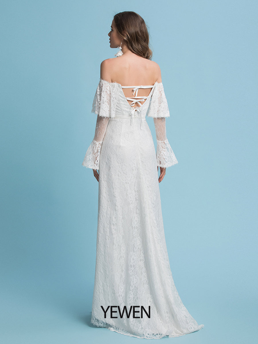 Boho A-Linie Brautkleider Schulterfrei Hofschleppe Spitze Normale Träger Bodenlang 