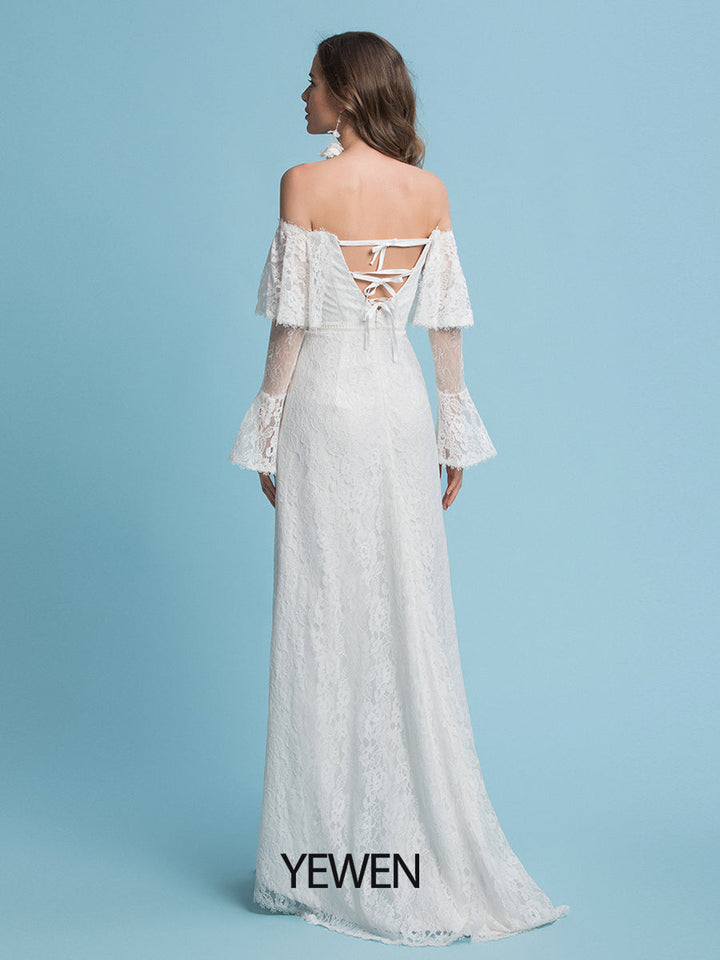 Boho A-Linie Brautkleider Schulterfrei Hofschleppe Spitze Normale Träger Bodenlang 