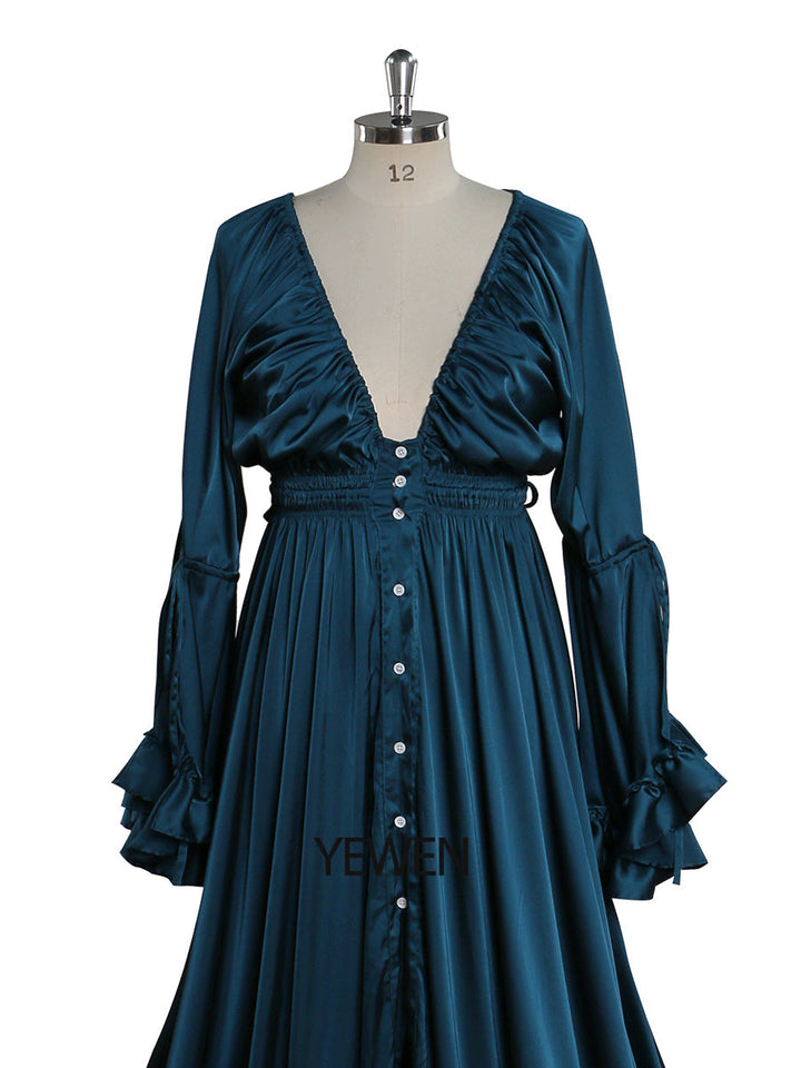 Seidenweiches Satin-Frauenkleid mit langen Ärmeln, Maxikleid, Fotografie-Shooting-Kleider YD211202 