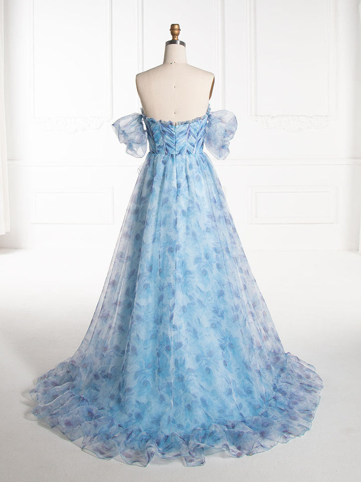 A-line, Off The Shoulder, Blue Floral Printed ,Prom Party Dress 