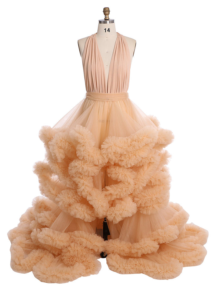 V-Ausschnitt Rückenfreies Wolkenrüschen Brautkleid Umstandskleid für Fotoshooting YW220116 