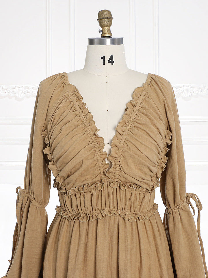Lange Ärmel V-Rücken Elastische Taille Frau Boho Maxikleid Fotoshooting Kleider Outfit YW231112 