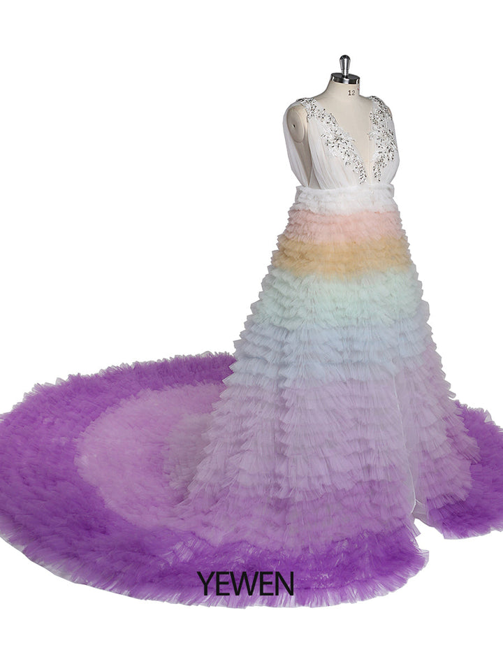 Elegante Regenbogen Rüschen Abendkleider Strass Dekoration Tüll Schichten Fotografie Kleid YEWEN