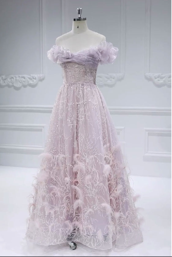 Princess Beads , Prom Dresses , A-Line ,Tulle Off Shoulder, Floor-Length, Party Dress