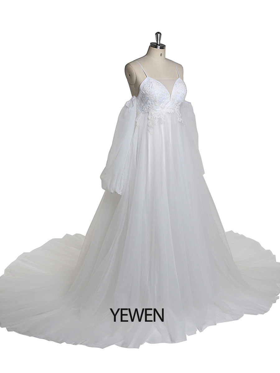 Boho-Stil V-Ausschnitt Tüll Umstandsbrautkleid Spitzenbrautkleid mit langer Schleppe YEWEN
