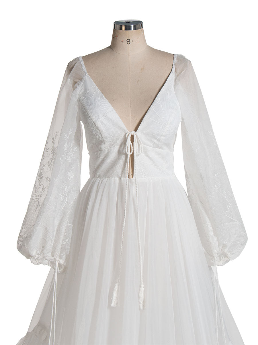 V Neck, Embroidered Lace, Bridal Dress with Long Sleeves, Boho Maxi Dress 
