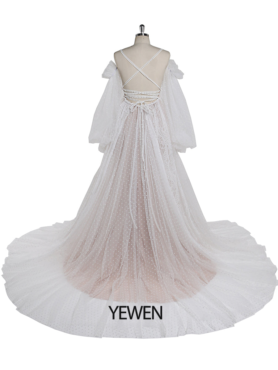 Dot Tüll mit Spitze Farben der Brautkleider Langarm Bohemian Spitze Brautkleid YW220107