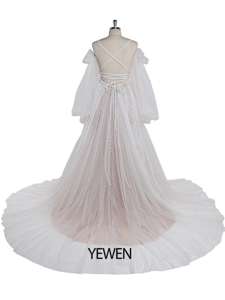 Dot Tüll mit Spitze Farben der Brautkleider Langarm Bohemian Spitze Brautkleid YW220107