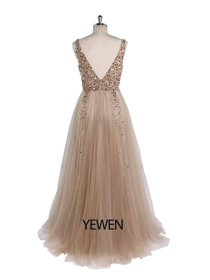 V-Ausschnitt Formelles Abendkleid Abnehmbarer Umhang Ärmellos Bodenlang Tüll mit Perlenbesatz Partykleid YEWEN 