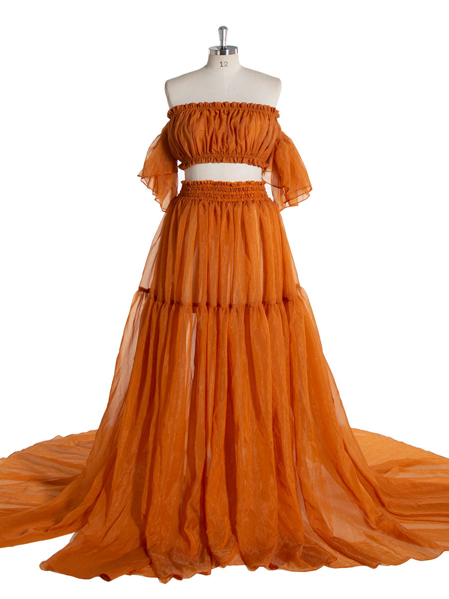 Seidenweiches Organza-Zweiteiler-Set für Damen im Boho-Stil/Oberteil und Rock für Schwangerschafts-Fotoshootings, YW230309