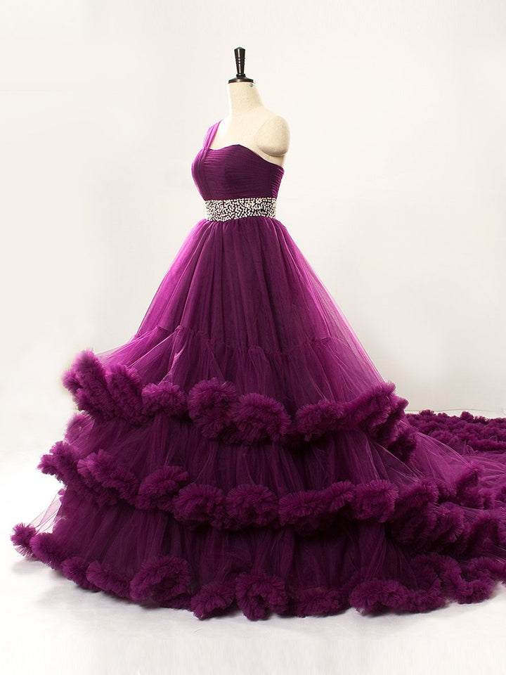Benutzerdefinierte Farbe One Shoulder Rückenfrei Rüschen Elegantes Umstandskleid Hochzeitskleid 