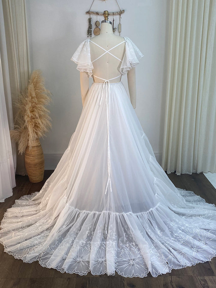 V-Ausschnitt Besticktes Bohemian Spitzen Brautkleid Boho Maxikleid für Hochzeiten YW240080-1