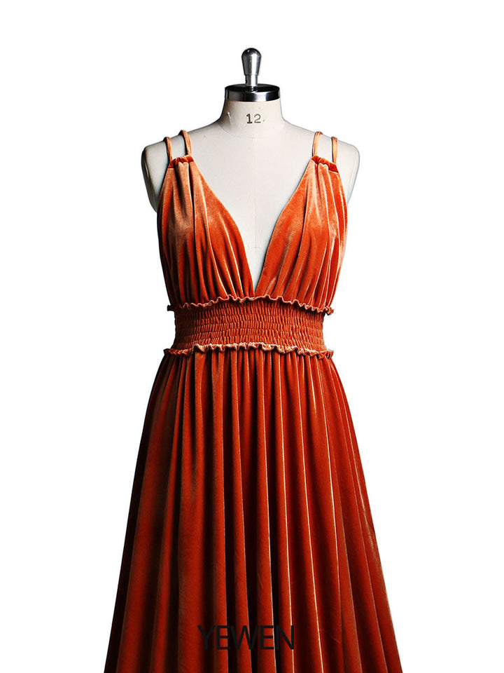 Samtkleid mit V-Ausschnitt, elastischer Taille und Seitenschlitz, langes Fotoshooting-Kleid YD21827 