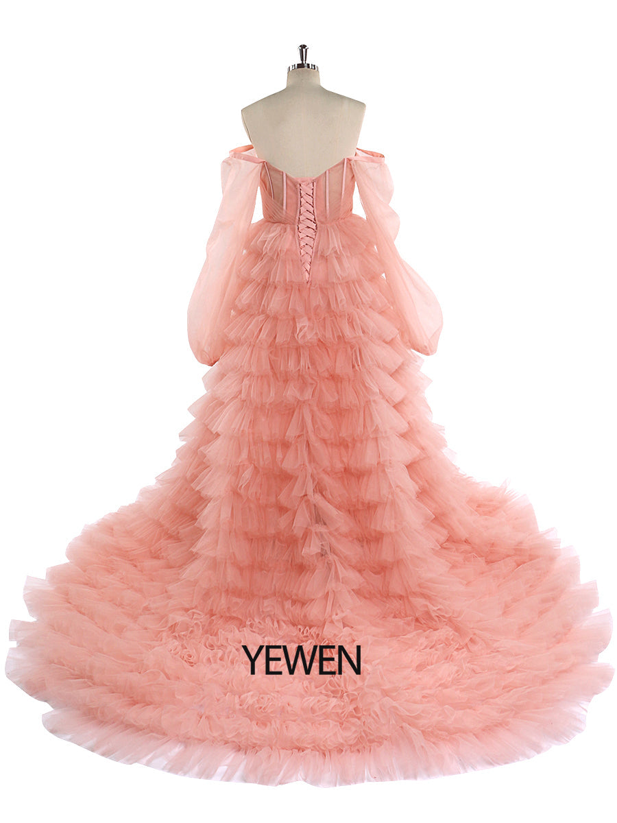 Schulterfreies Tüll-Abschlussballkleid in Rosa, Brautkleid, Fotoshooting-Kleider YW220828 