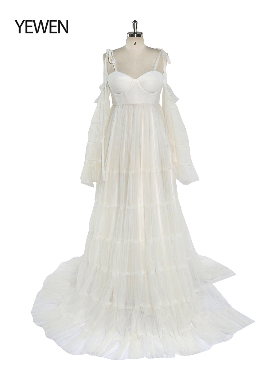 Plissiertes Umstandskleid aus Tüll für Fotoshootings, große ausgestellte Ärmel, Fotoshooting-Kleid für Damen, YW21025