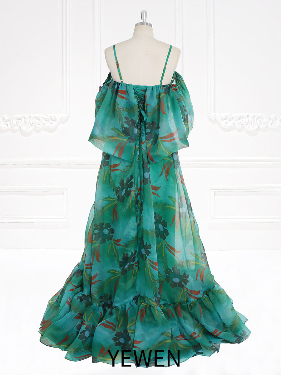 Grünes schulterfreies Maxikleid mit Blumenmuster und Spaghettiträgern, Ball- und Partykleider YW231124 