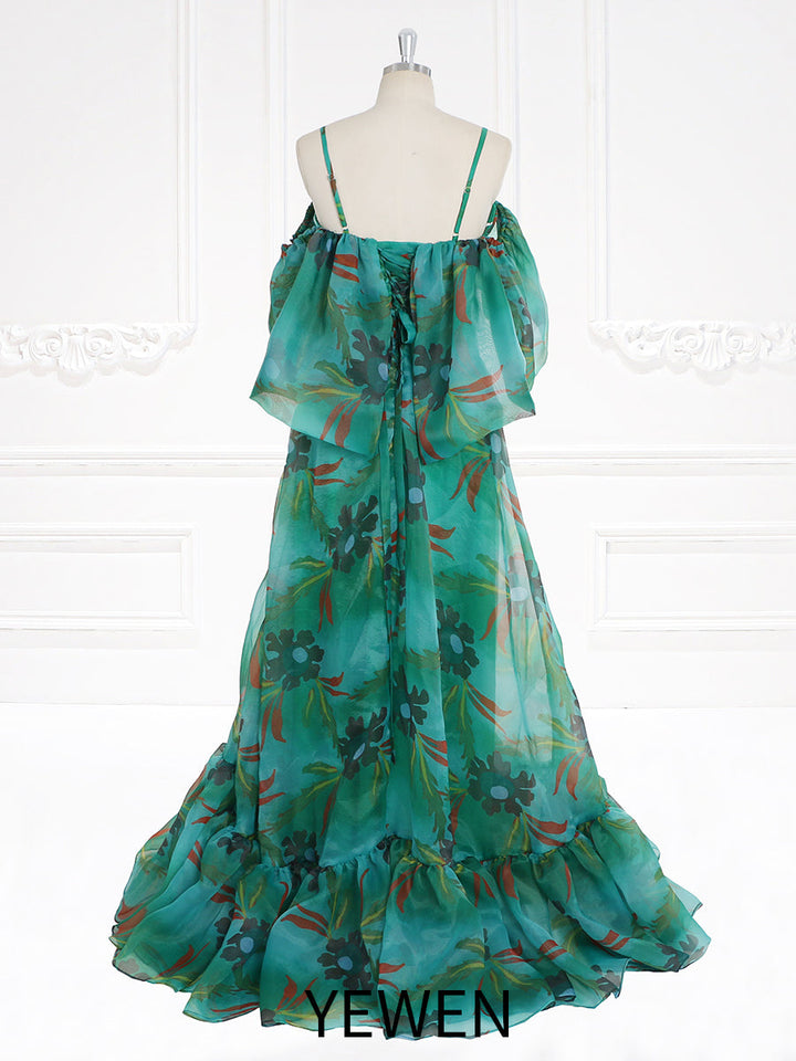 Grünes schulterfreies Maxikleid mit Blumenmuster und Spaghettiträgern, Ball- und Partykleider YW231124 