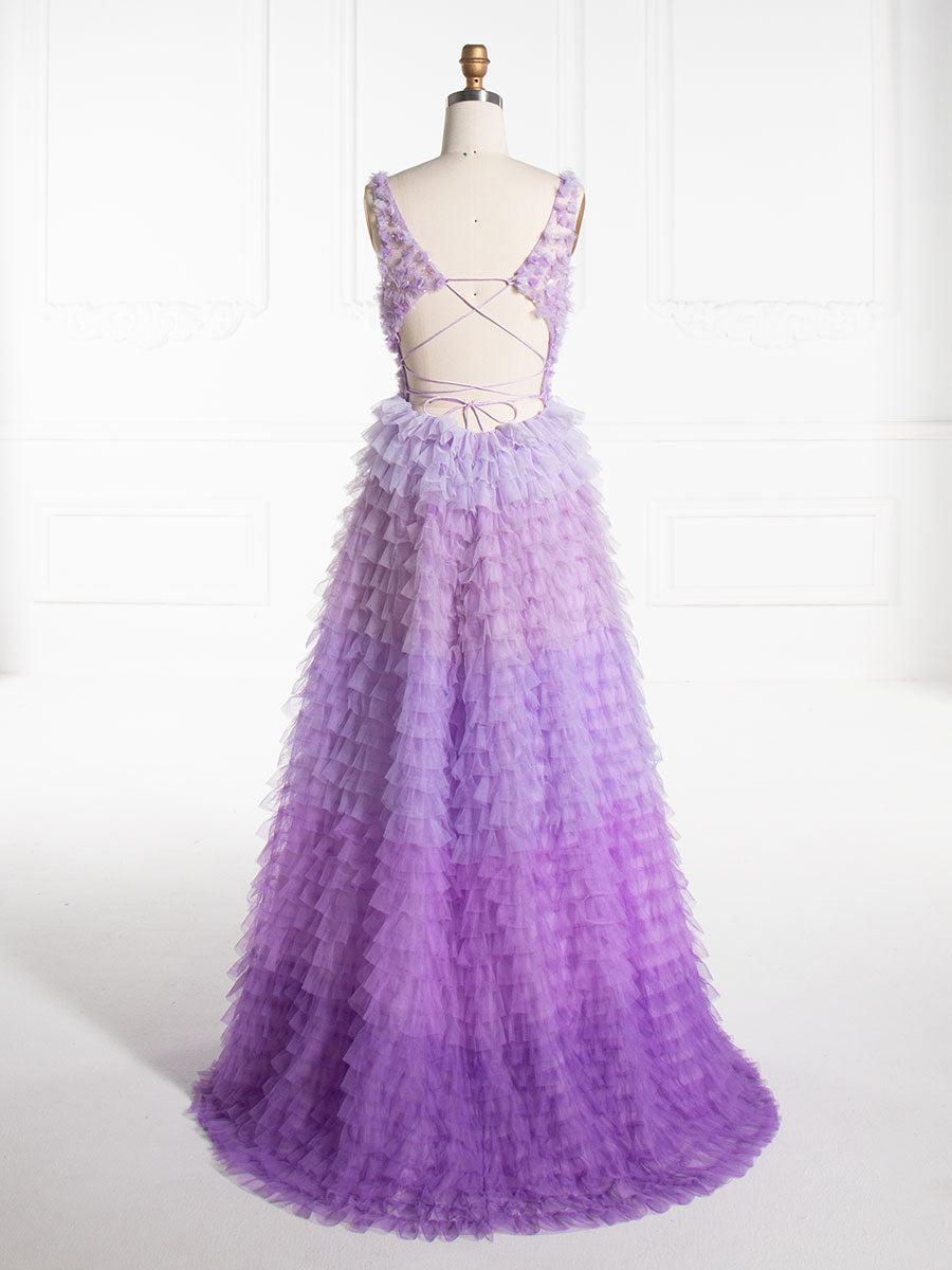V Neck, Floor Length ,Layered Ruffles, Tulle Prom Dress 