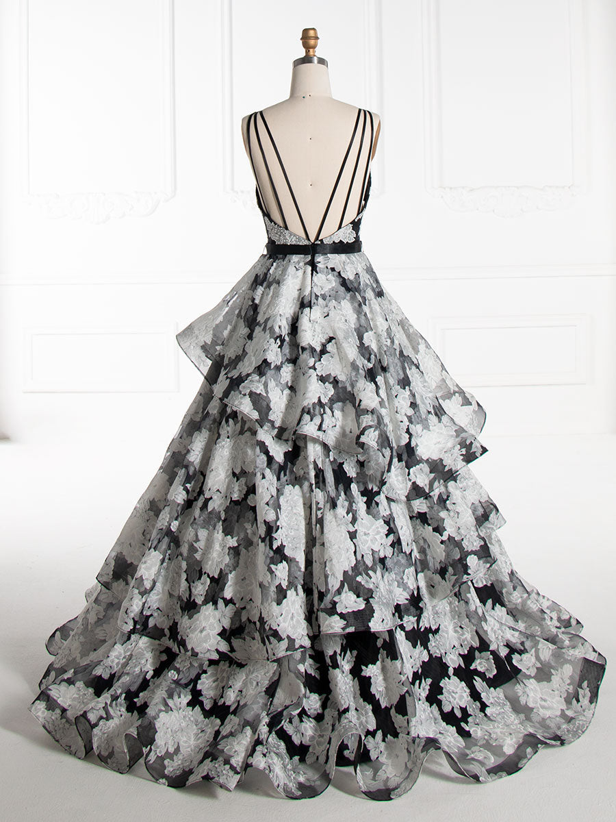 Princess V-Neck, Floor-Length, Black Printed Layered, Prom Dresses