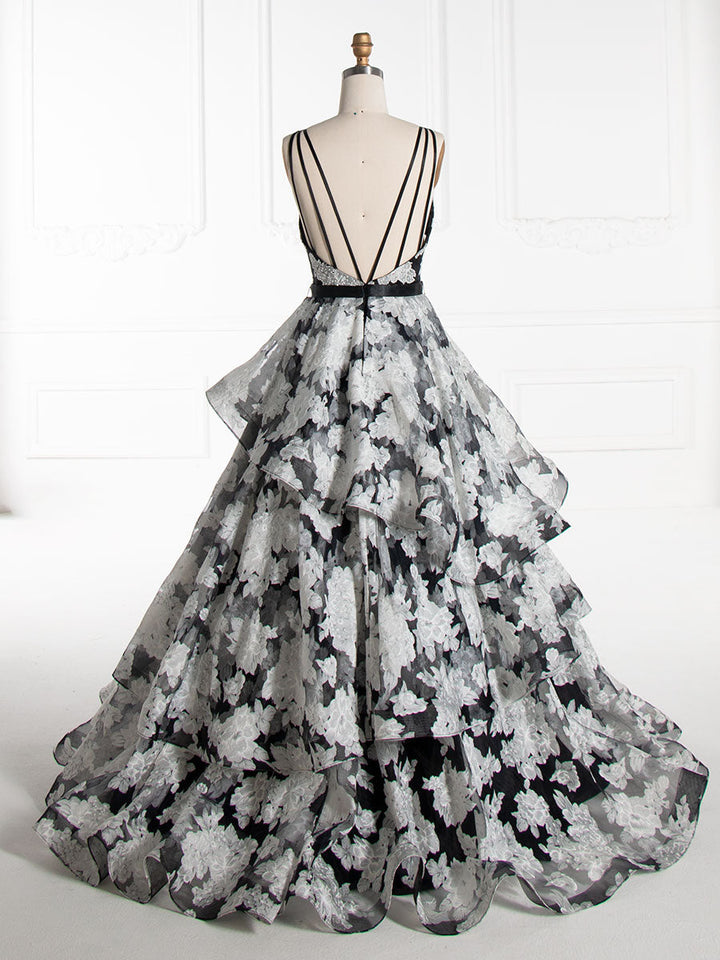 Princess V-Neck, Floor-Length, Black Printed Layered, Prom Dresses