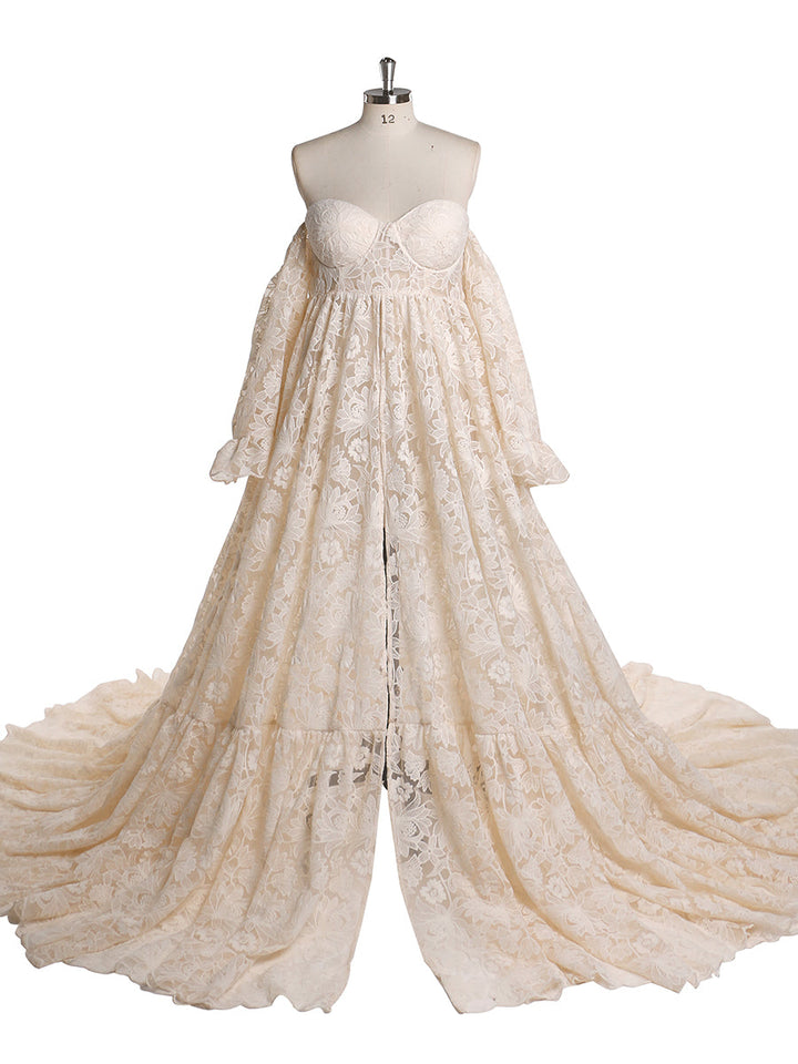 Elegantes Umstandskleid aus Spitze für Fotoshootings, schulterfreies Maxikleid, ausgefallene Fotografie-Requisiten, YEWEN YW220701