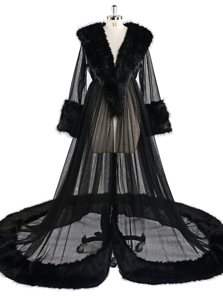 Schwarzes Pelz V-Ausschnitt Langes Umstandskleid für Fotoshooting Fotografie Schwangere Abendkleid 