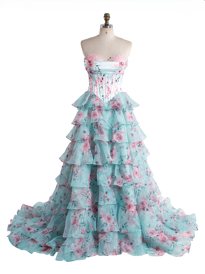 Wunderschönes, schulterfreies, langes Ballkleid in A-Linie mit Rüschen, bedruckt, YW240048 