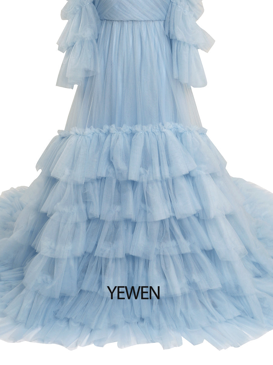 Baby blaues Tüllkleid für Fotoshooting Rüschen Bunte Brautkleider YW2051-2 
