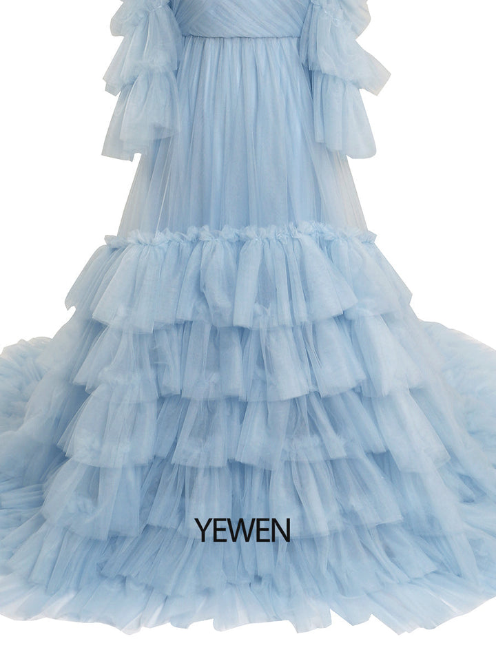 Baby blaues Tüllkleid für Fotoshooting Rüschen Bunte Brautkleider YW2051-2 