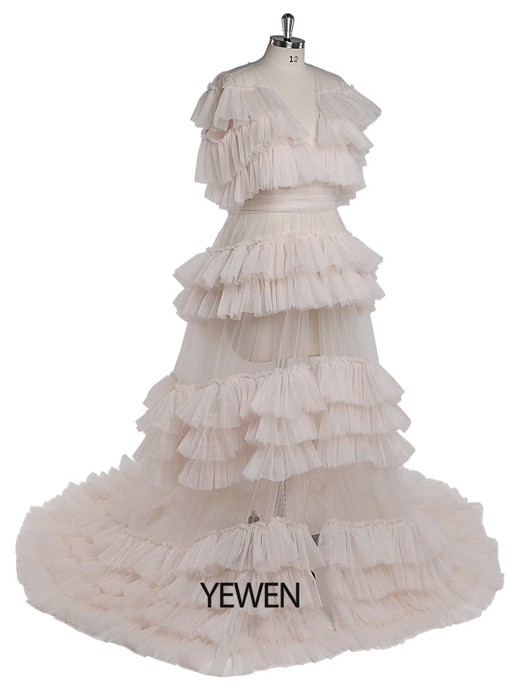Rüschen Abendkleider V-Ausschnitt Kurze Ärmel Sexy Schwangerschaftsfotografie Kleid Tüll Ballkleid YEWEN