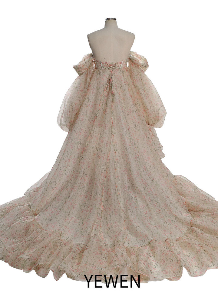 Umstandskleid aus weicher Organza-Seide mit Blumendruck für Fotoshootings, Fotografie, Foto-Requisiten, Schnürung am Rücken, YW230304 