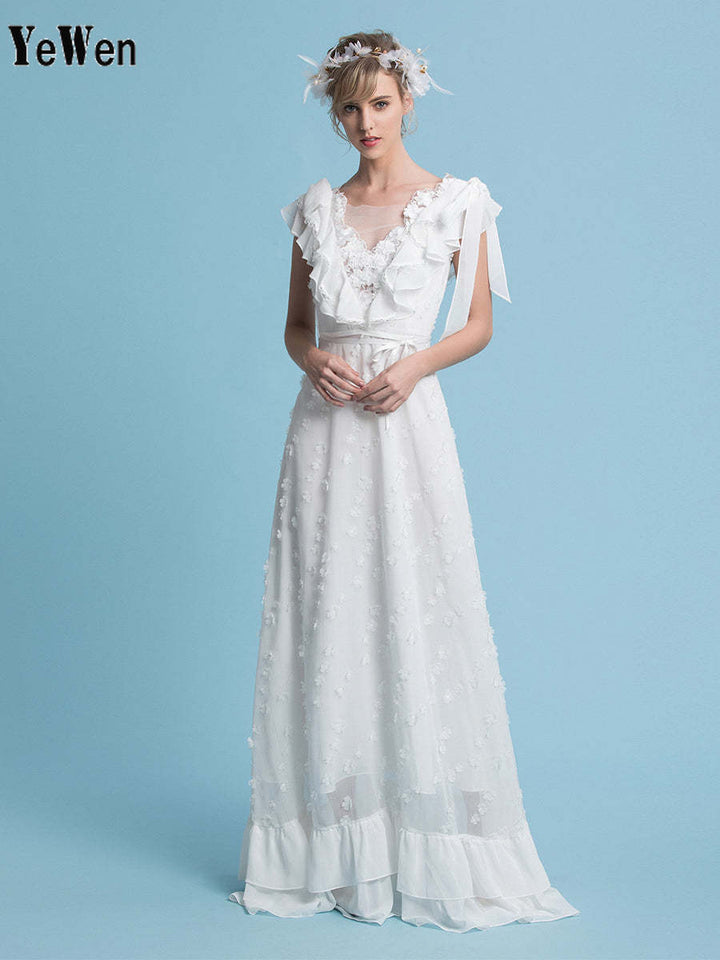 Romantische böhmische Brautkleider V-Ausschnitt Chiffon Boho Hochzeit Brautkleid 