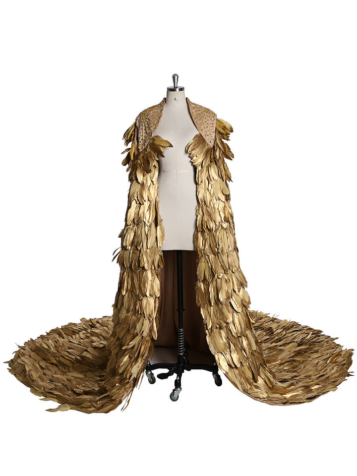 Goldfarbener Hochzeitsumhang mit langer Schleppe und Kristallperlen, Yewen 